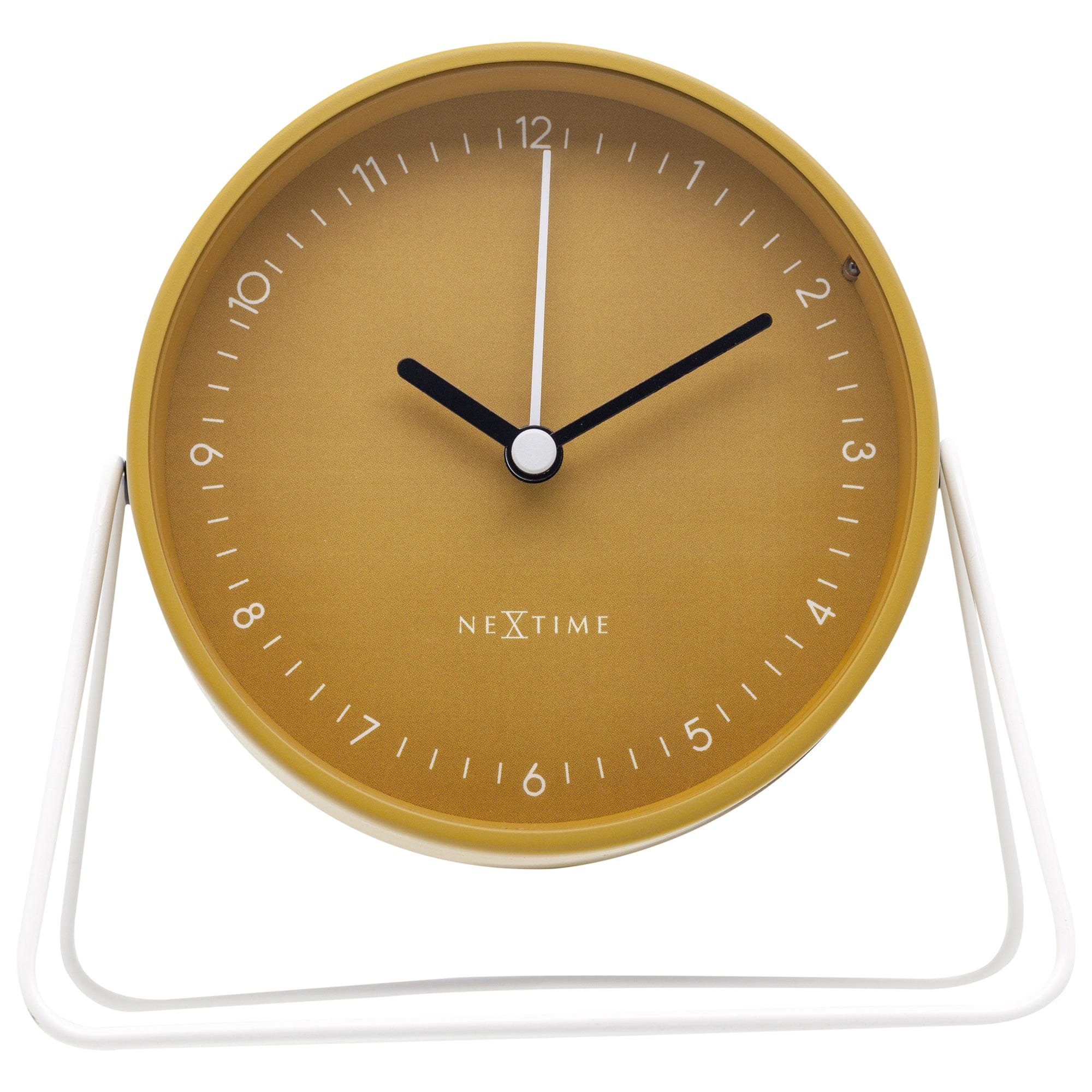 NeXtime Clocks Berlin table alarm clock with silent metal design, 14x13x7cm, placed on a desk or surface.